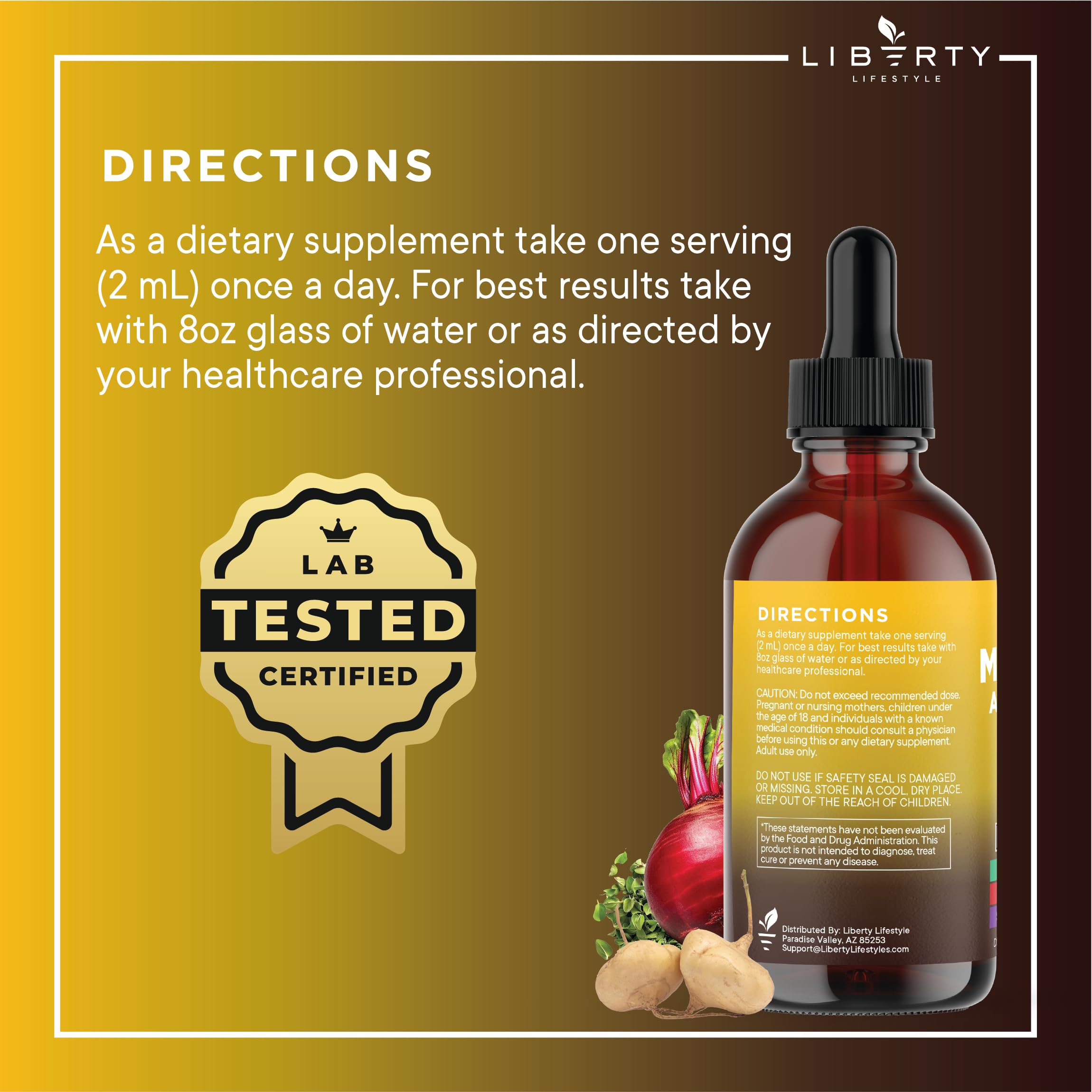 Liberty Lifestyle Third-party testing seal on bottle signals quality assurance