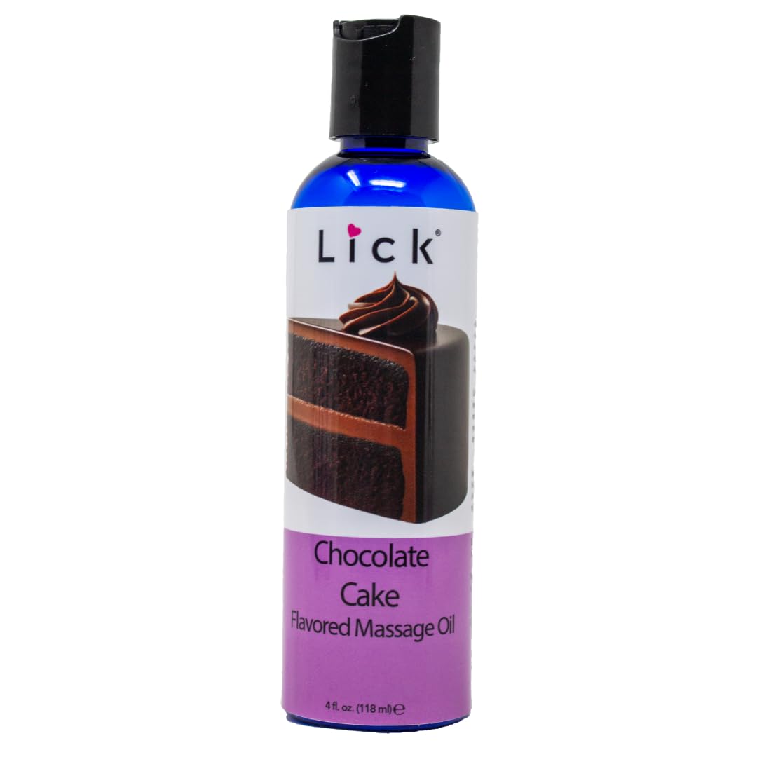 Lick Chocolate Cake flavored massage oil bottle pour shows silky glide for intimate massage
