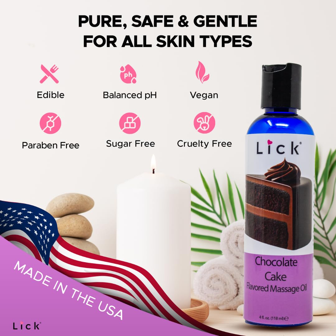 Lick Chocolate Cake flavored massage oil bottle highlights vitamin E for skin nourishment
