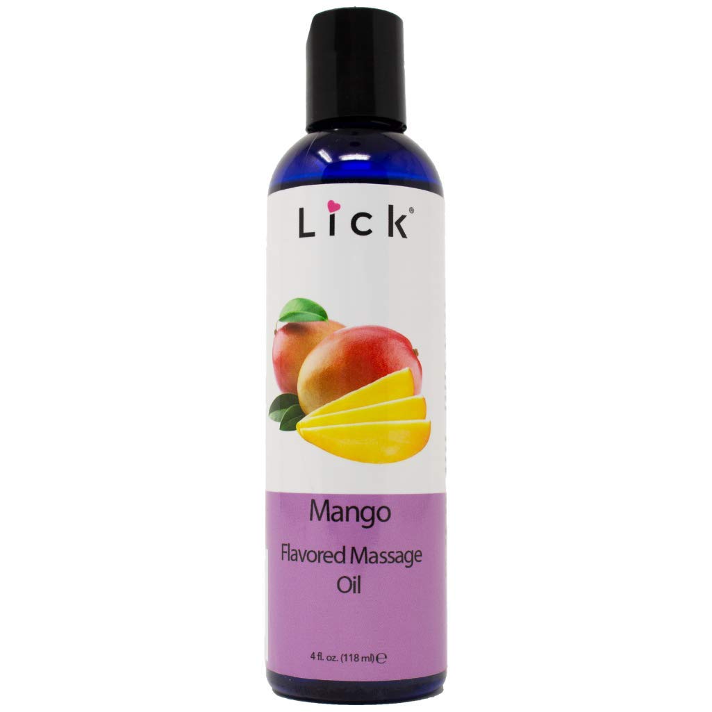 LICK mango flavored massage oil bottle close-up with tropical aroma for romantic date nights.