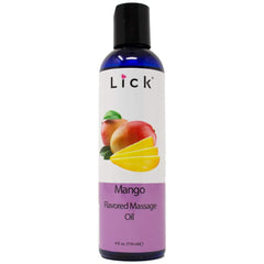 LICK mango flavored massage oil bottle close-up with tropical aroma for romantic date nights.