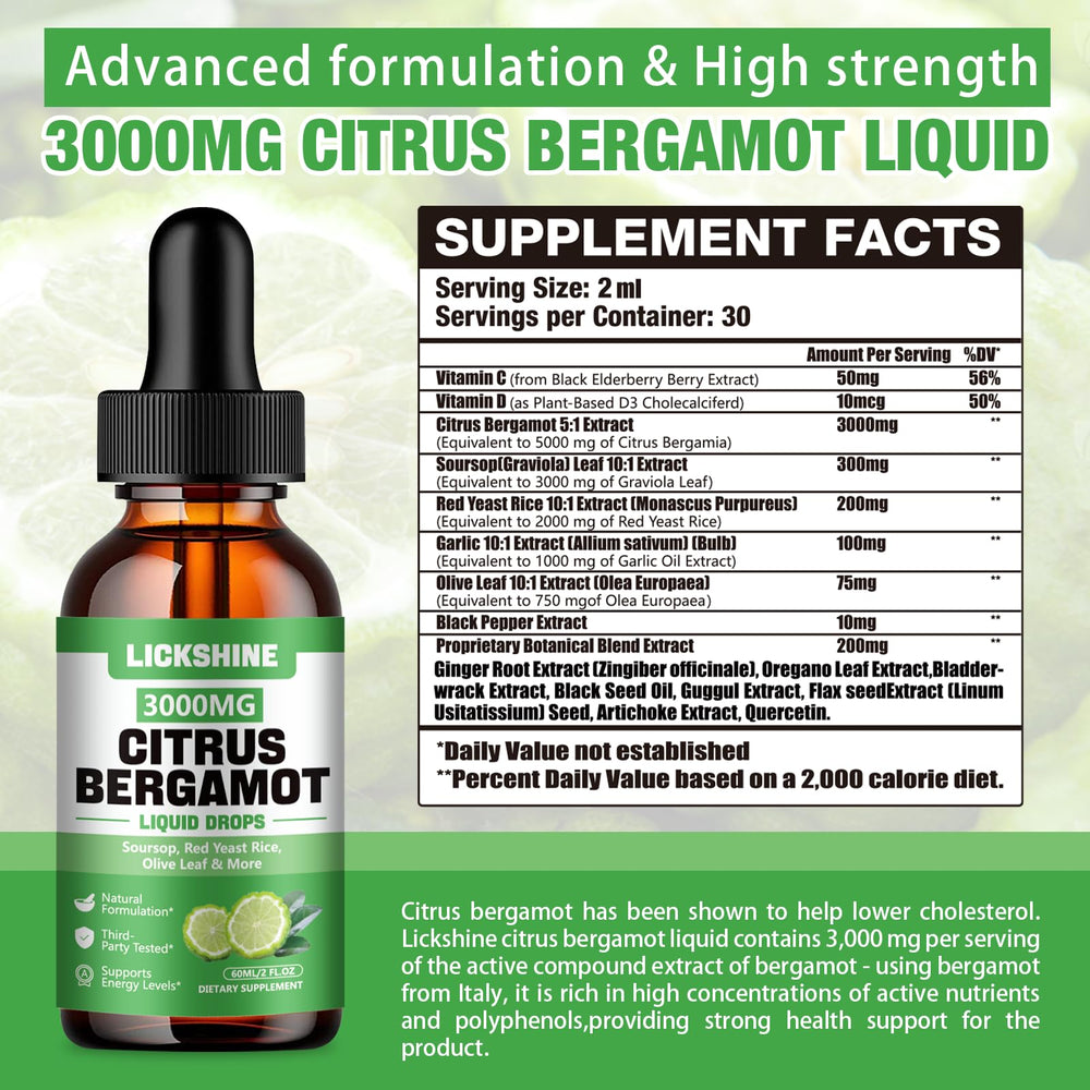 Lickshine Bergamot Drops label close-up highlighting potency for cholesterol management