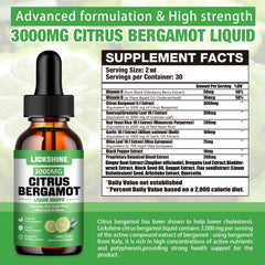 Lickshine Bergamot Drops label close-up highlighting potency for cholesterol management