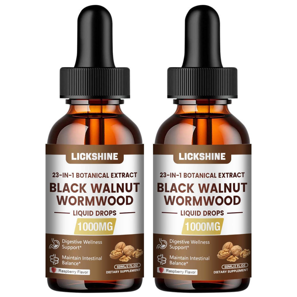 Lickshine bottle front: black walnut wormwood tincture for convenient daily gut support.