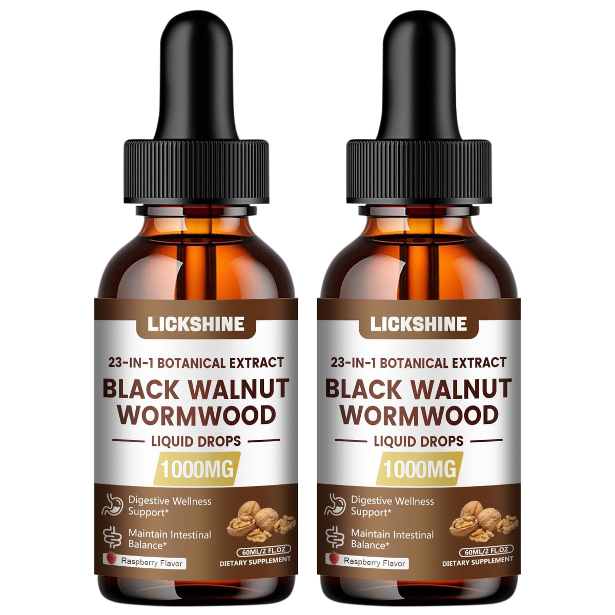 Lickshine bottle front: black walnut wormwood tincture for convenient daily gut support.