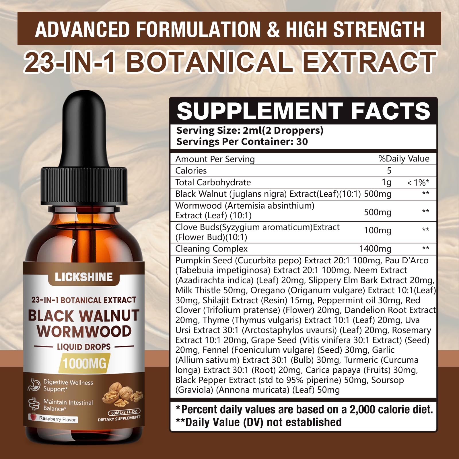 Lickshine bottle label closeup: 23 botanicals and 10:1 ultra-concentrated formula.