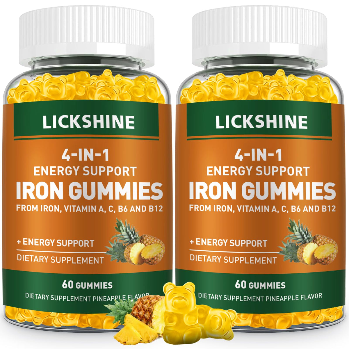 Lickshine iron gummies bottle with pineapple flavor for daily iron support