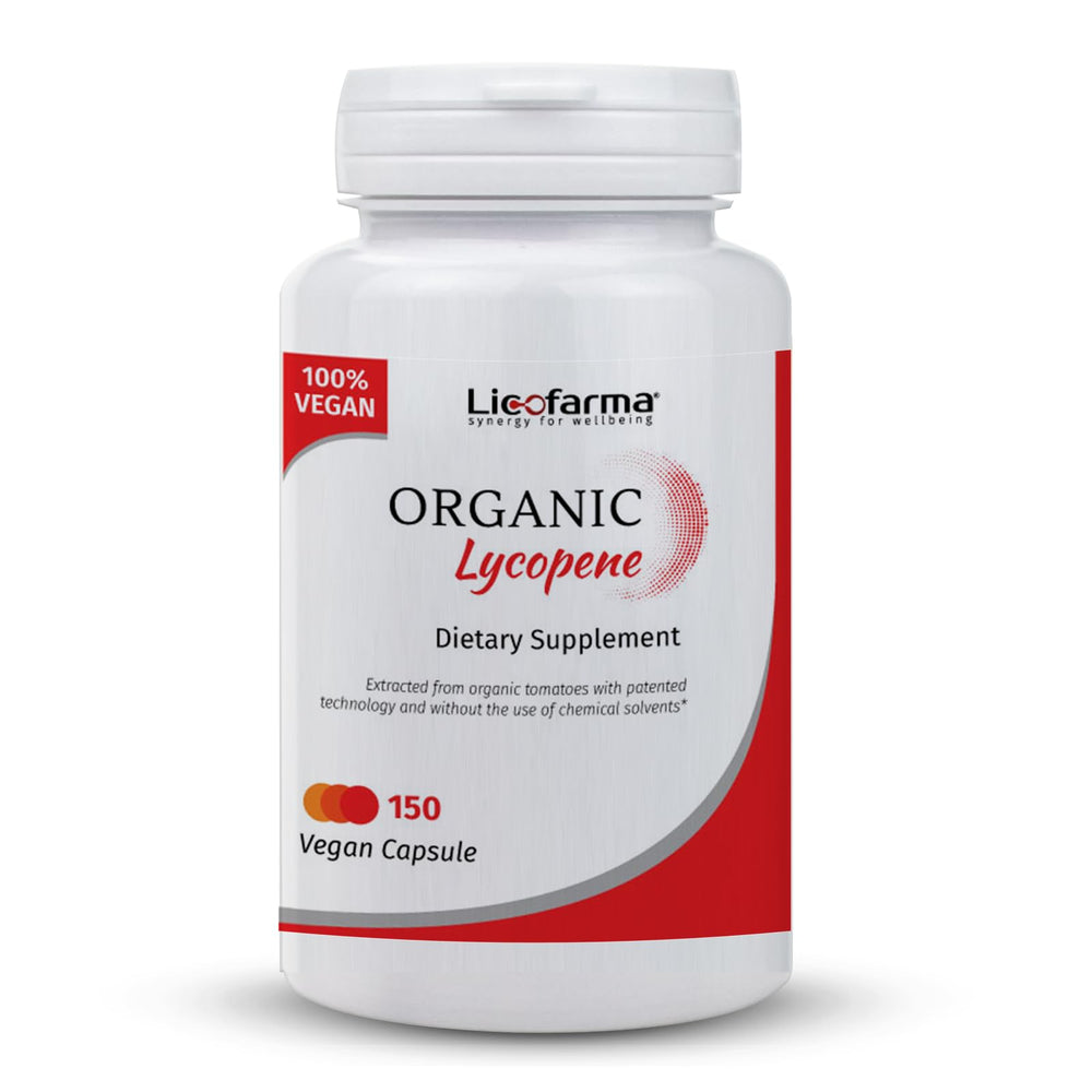 Licofarma Organic Lycopene bottle with tomato imagery for daily antioxidant support