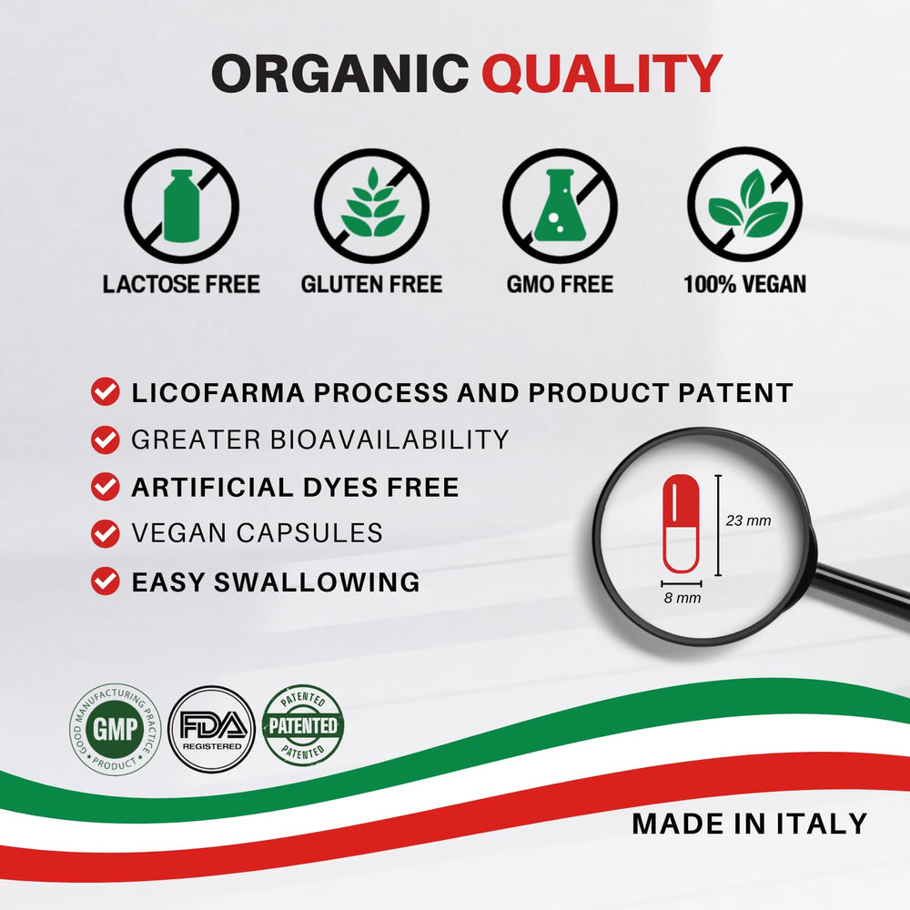 Licofarma Organic Lycopene packaging emphasizing sun-ripened Italian tomatoes