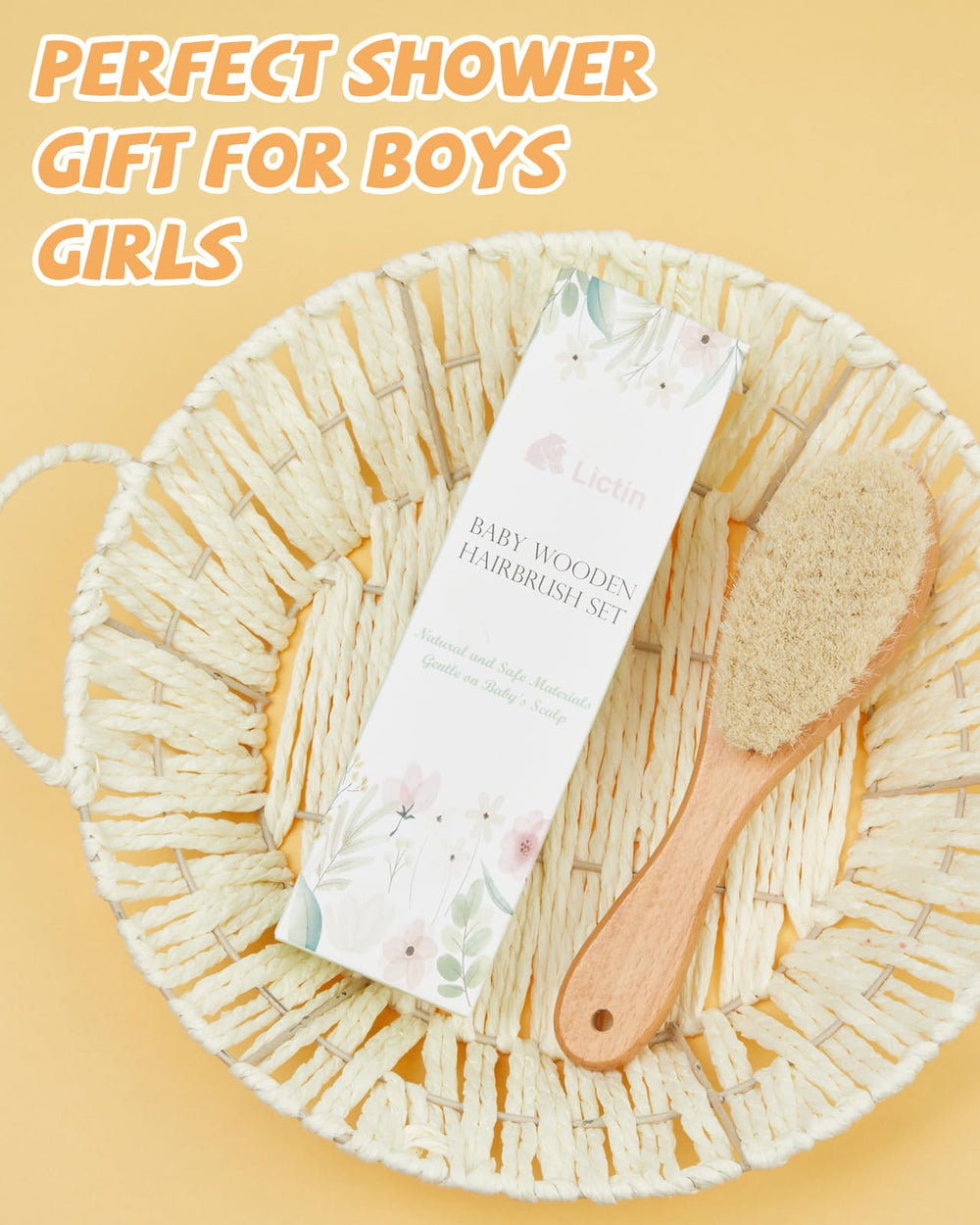 Lictin baby hair brush shown in gift-ready packaging