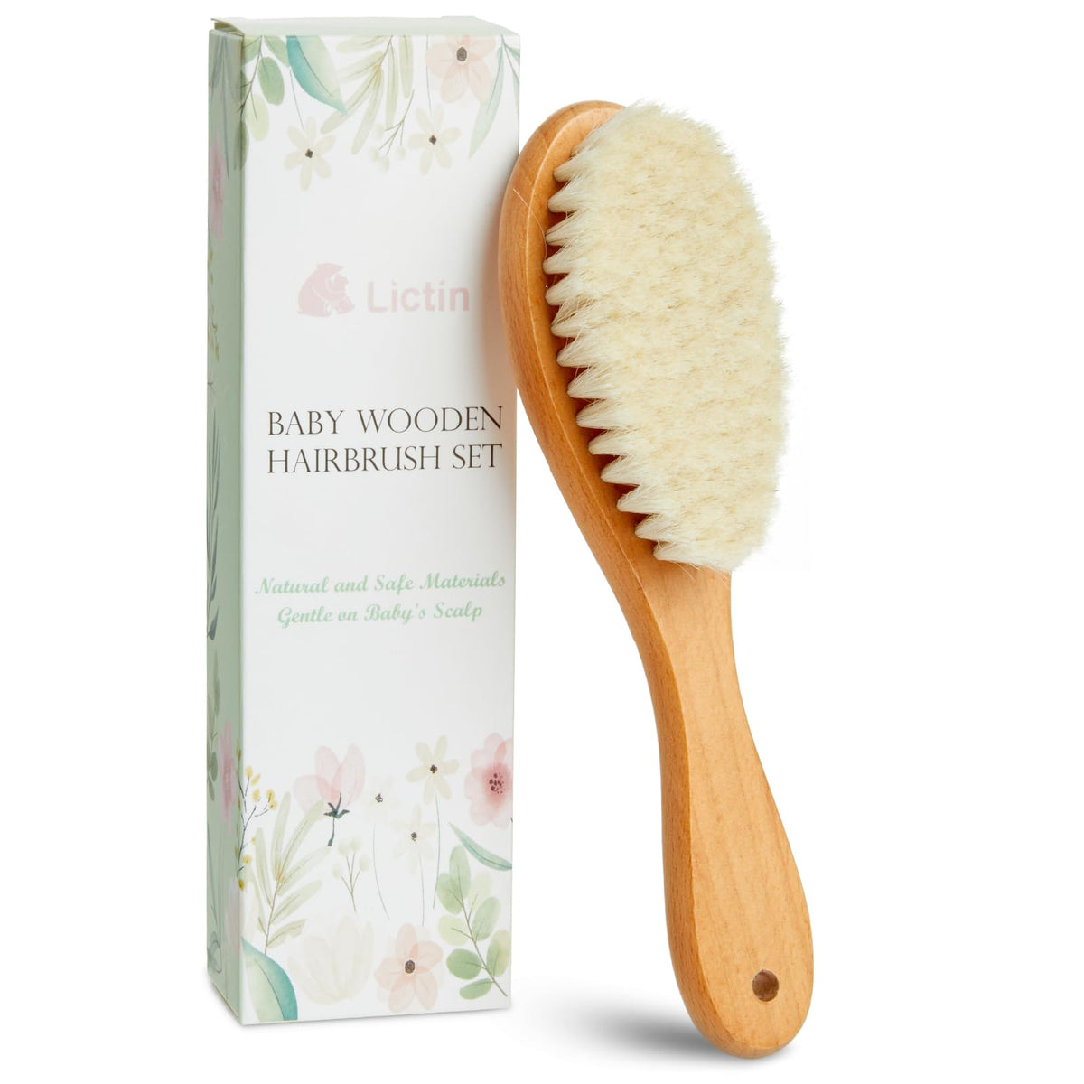Lictin baby hair brush with goat hair bristles for newborn scalp care