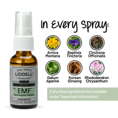 Close up of Liddell EMF spray label showing quality