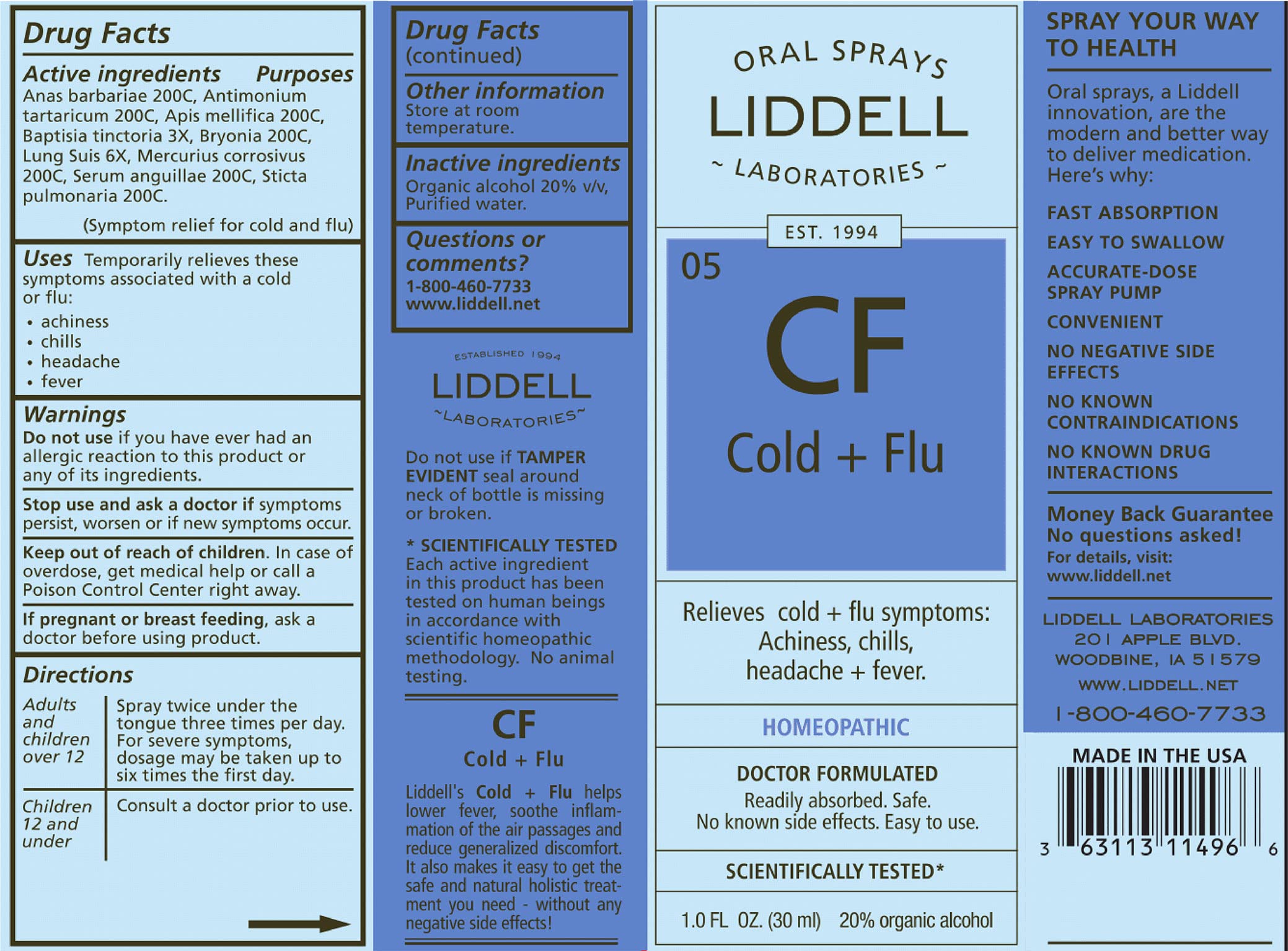 Liddell Cold and Flu Spray bottle showing USA-made quality.