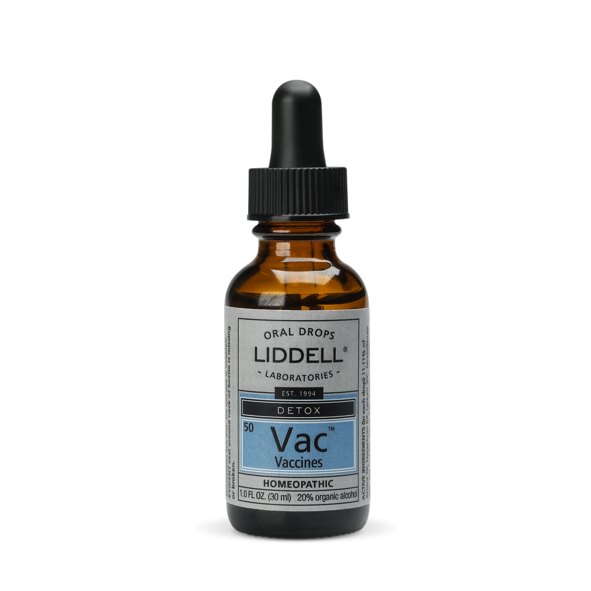 Liddell Vaccine Detox Drops label close-up highlighting natural formula and USA-made quality.