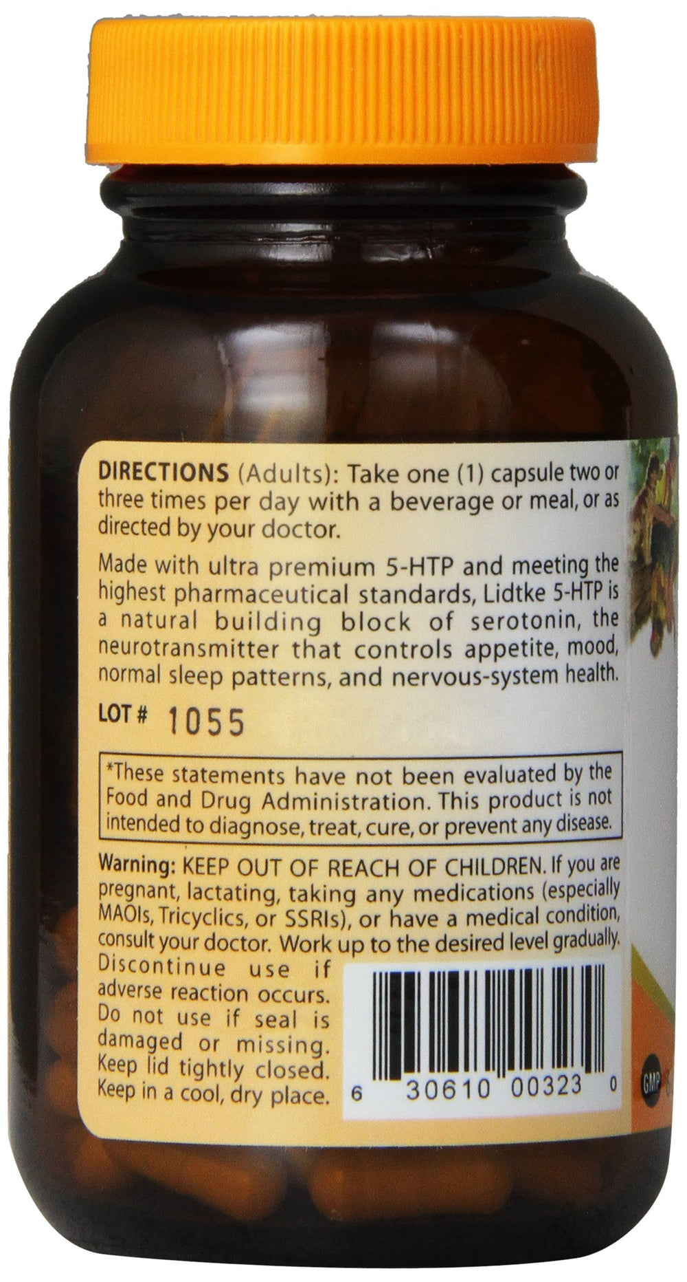 Lidtke 5-HTP bottle back with supplement facts and usage ideas
