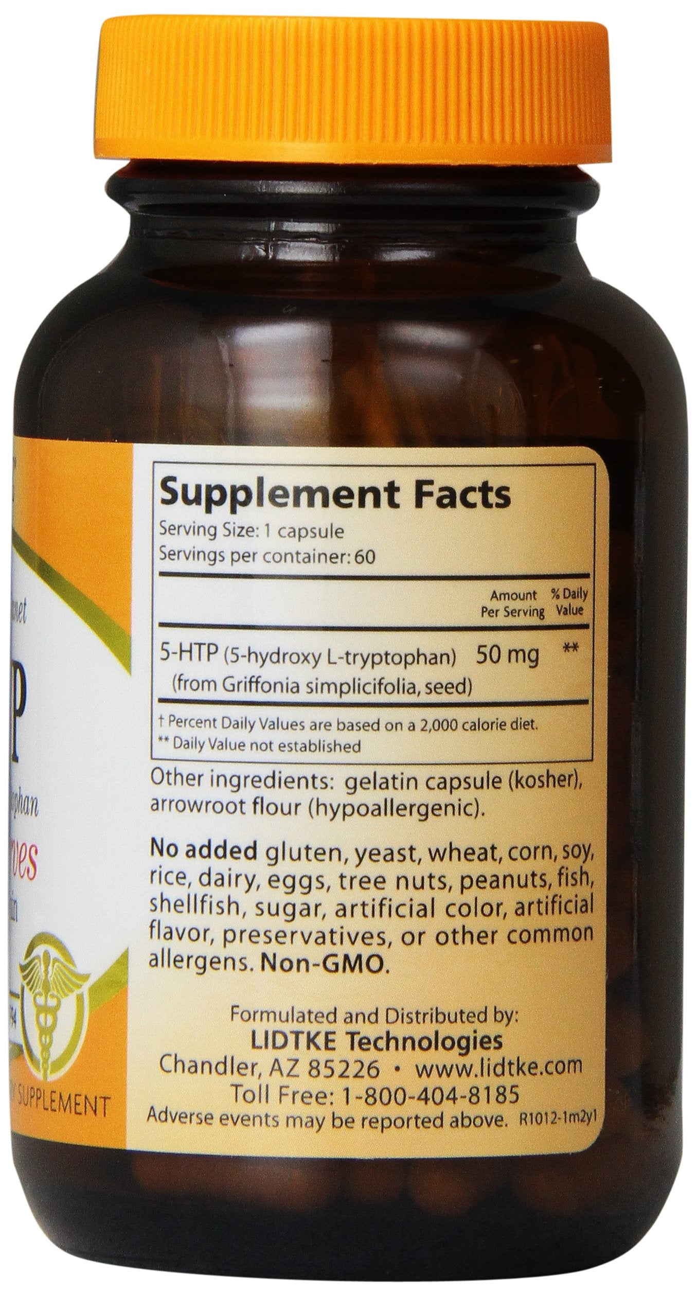 Closeup of Lidtke 5-HTP capsules, easy-to-swallow capsules