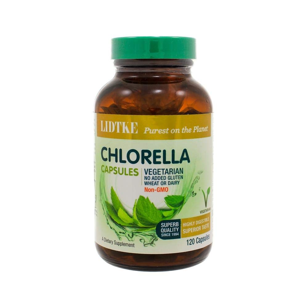 Lidtke Chlorella 120c bottle, highly digestible green supplement for daily nutrition.