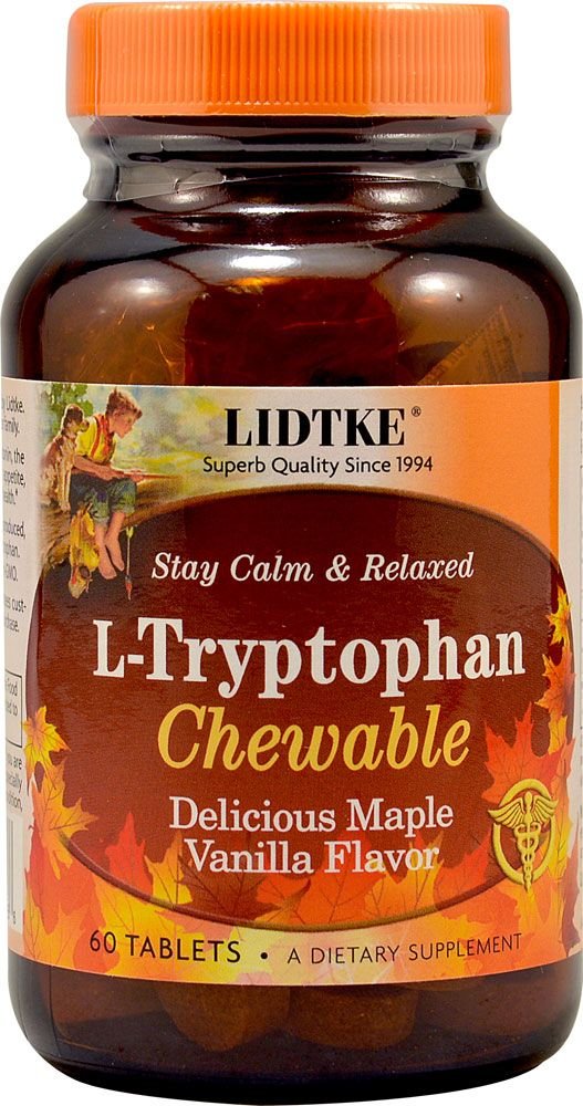 Lidtke L-Tryptophan chewable tablets front view for daily use and mood-friendly routine.