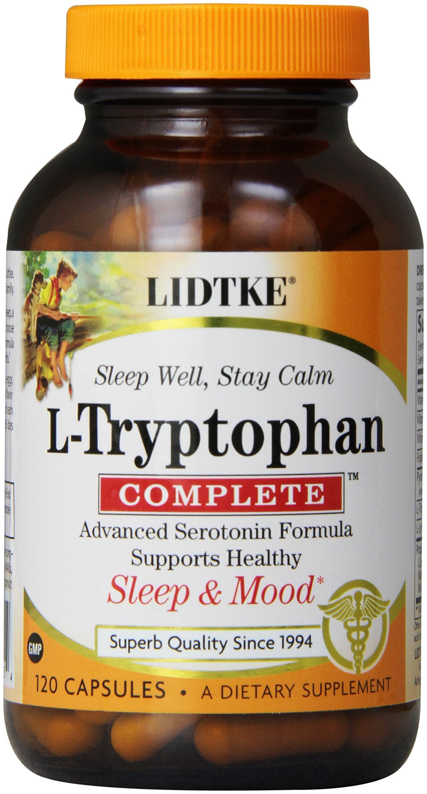 Lidtke L-Tryptophan Complete bottle label shows ingredients and potency for daily wellness
