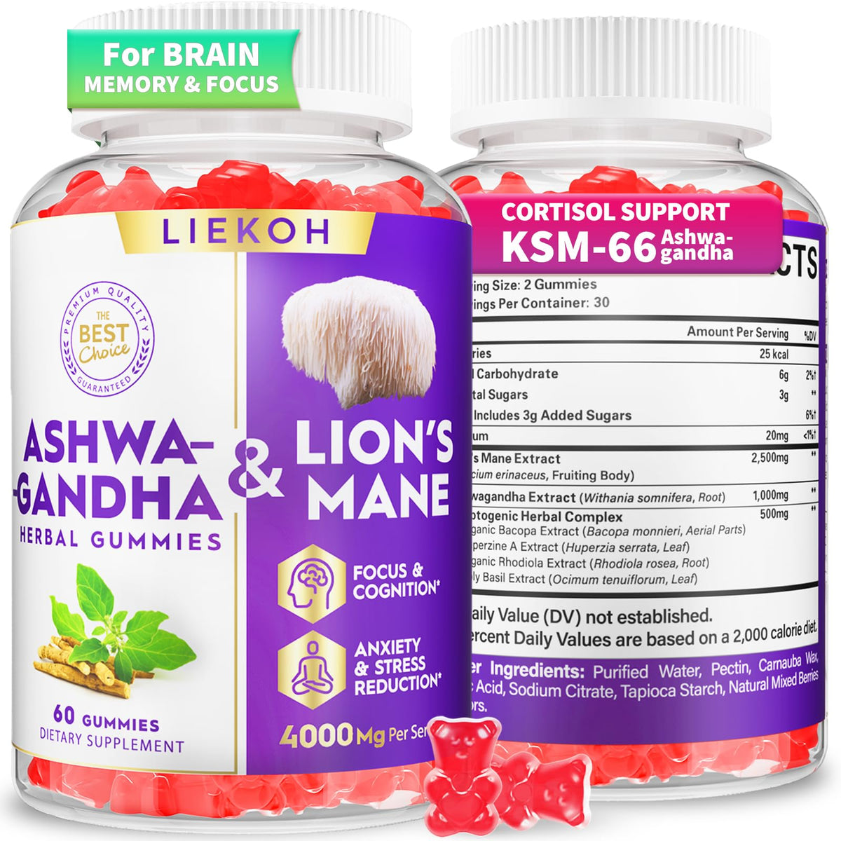 Liekoh Ashwagandha Gummies berry bottle for daily calm and focus.