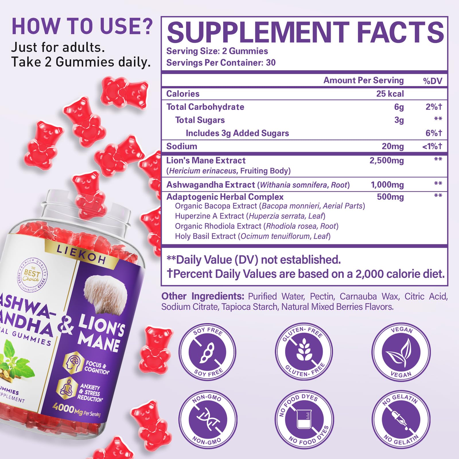 Liekoh Ashwagandha Gummies berry gummy close-up for daily routine and flavor.