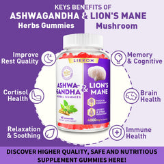 Liekoh Ashwagandha Gummies vegan bottle showcasing vegan, gluten-free formula for everyday use.