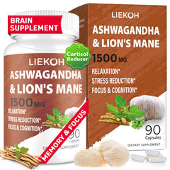 Liekoh Ashwagandha and Lions Mane bottle close-up for focus support.
