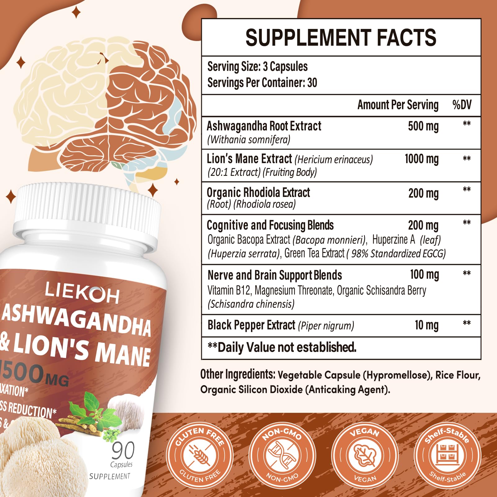 Liekoh capsules arranged for daily focus and calm.