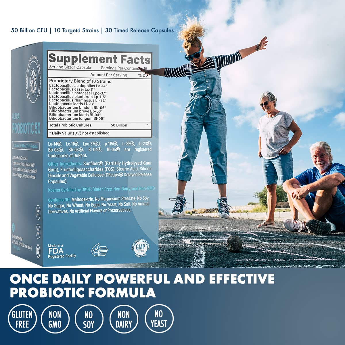 Life & Food label close-up emphasizes strains and prebiotic Sunfibre FOS