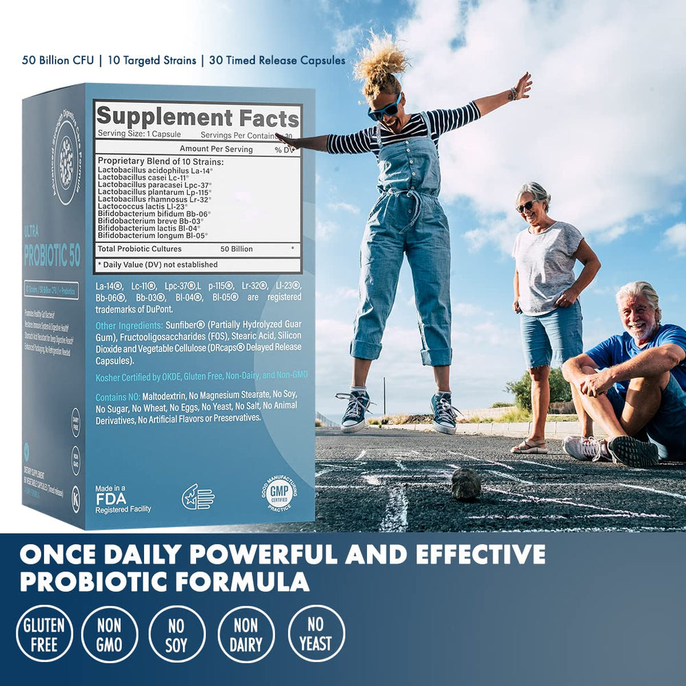 Life & Food label close-up emphasizes strains and prebiotic Sunfibre FOS
