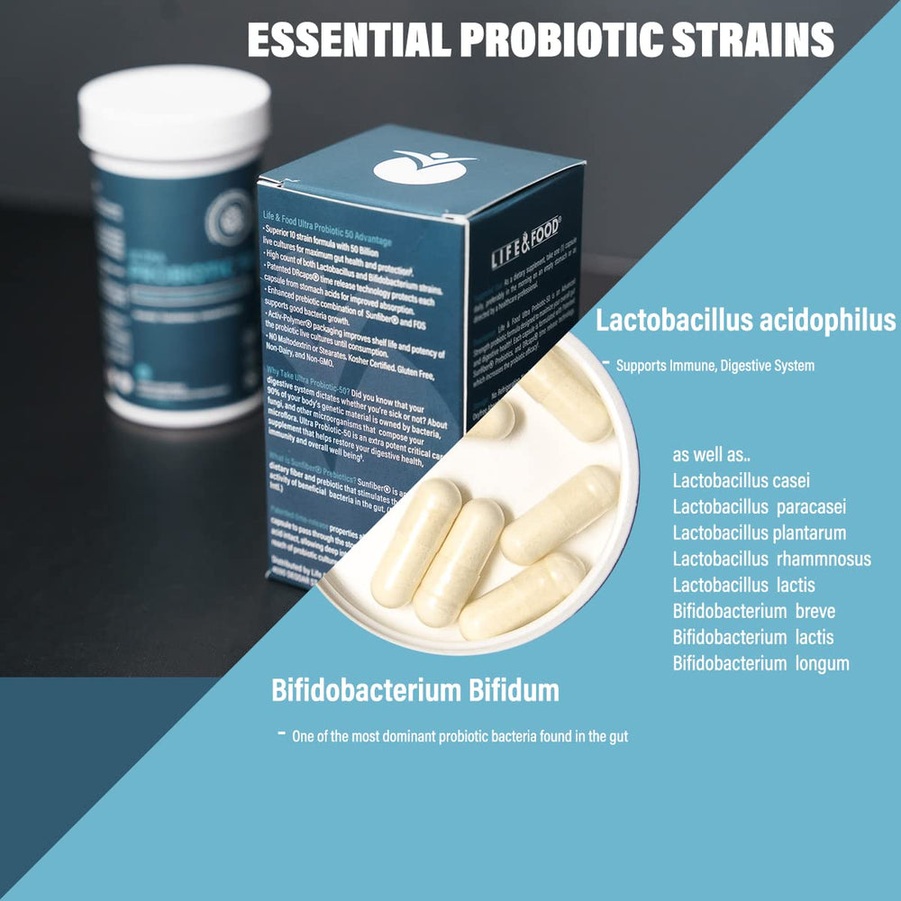 Life and Food Ultra Probiotic 50 Billion capsules showing time-release action for steady gut support