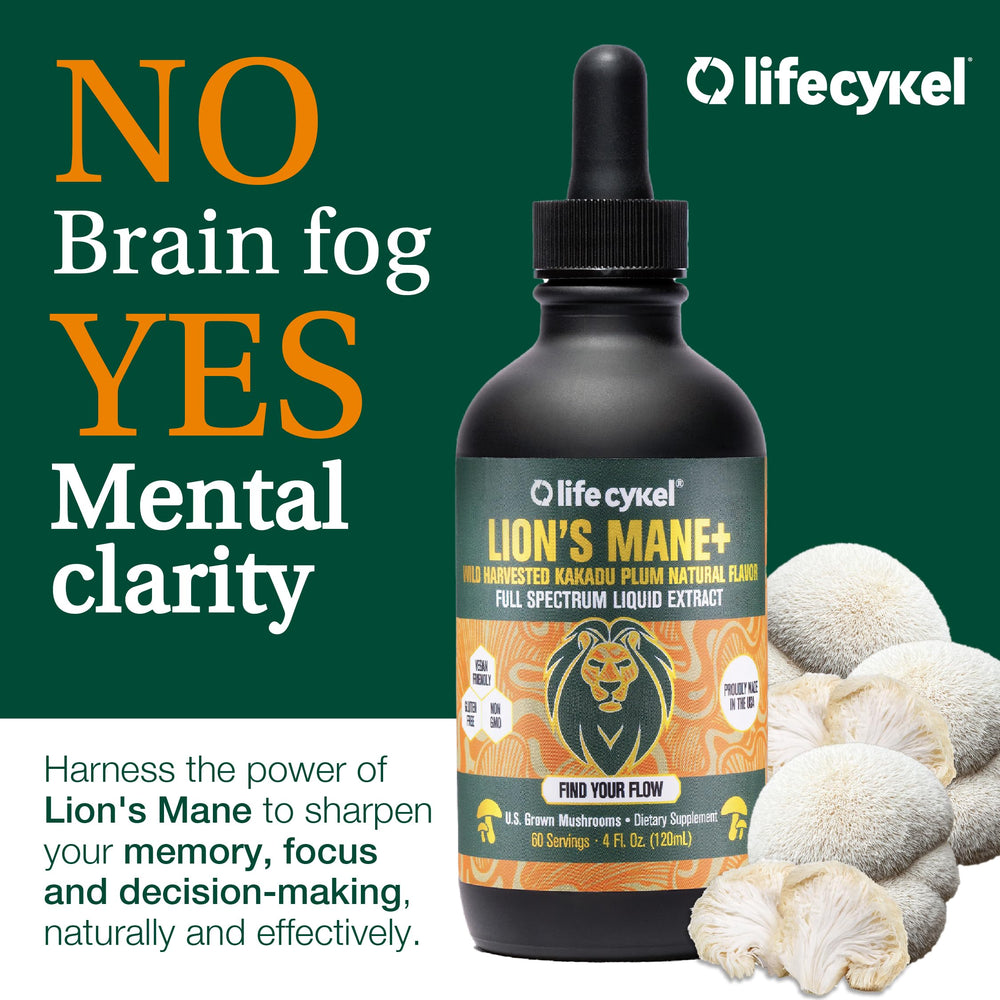 Life Cykel Lion's Mane tincture being poured for daily cognitive support.