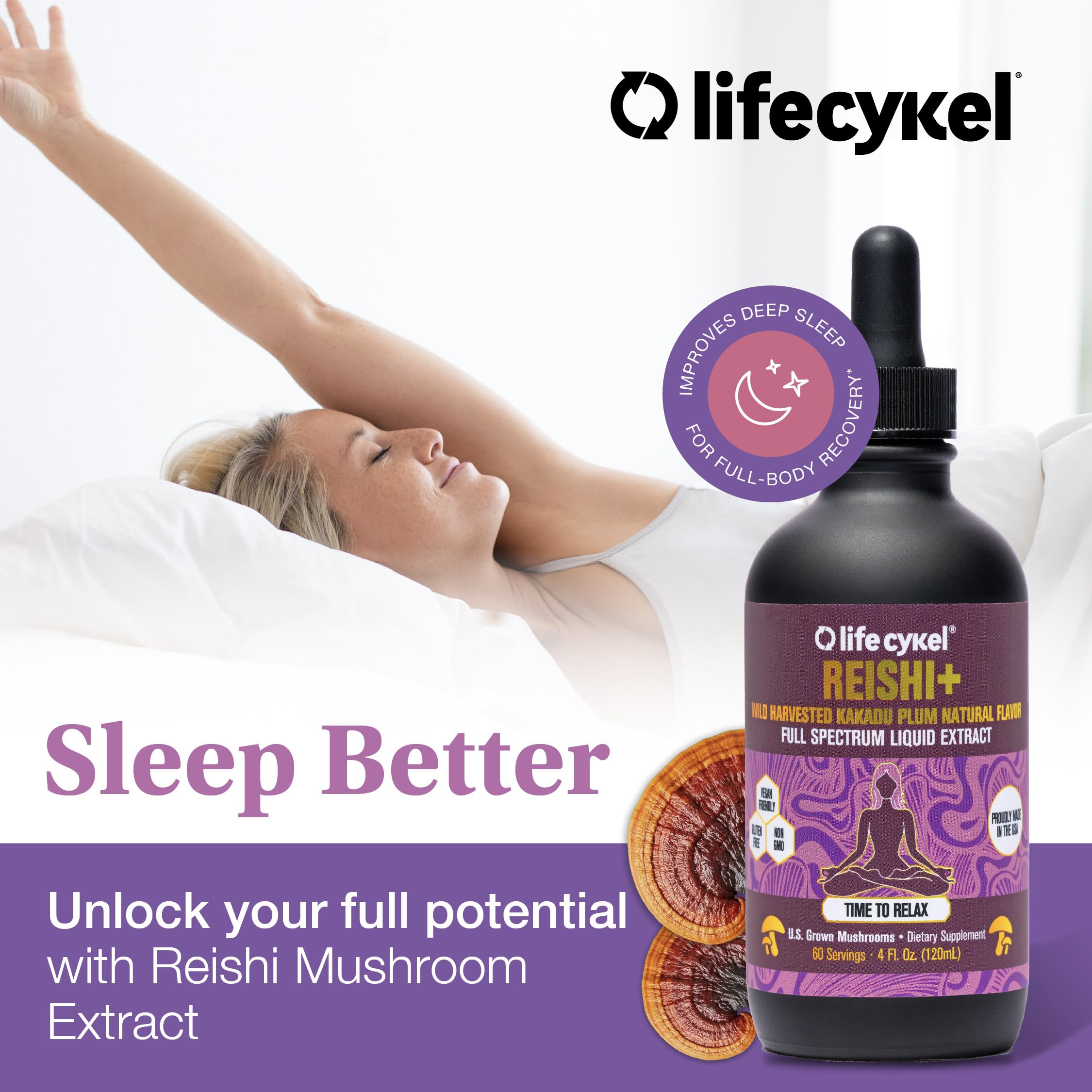 Life Cykel reishi close-up emphasizes earthy aroma and resinous texture.