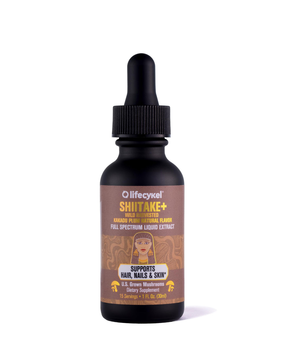 Life Cykel shiitake extract bottle pour for easy daily use.