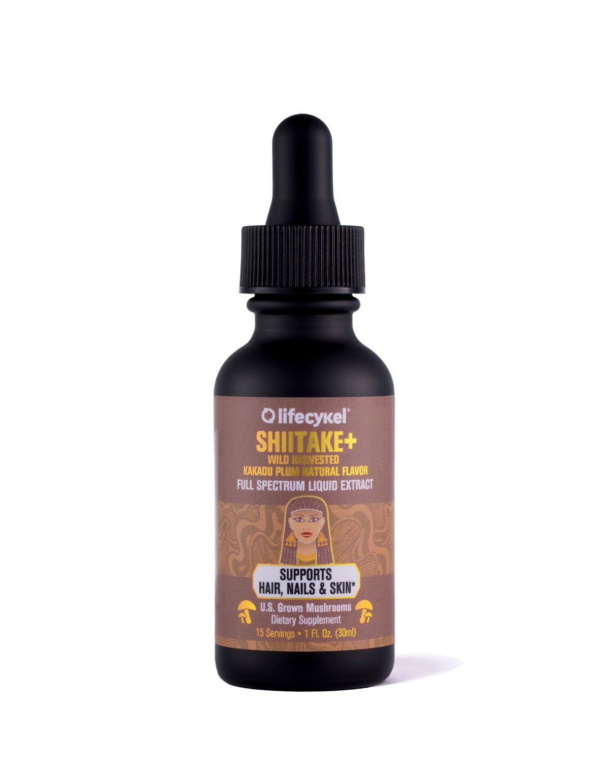 Life Cykel shiitake extract bottle pour for easy daily use.
