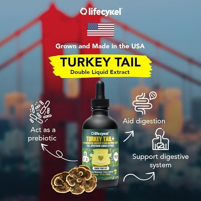 Life Cykel turkey tail liquid extract drops highlighting convenient dosing.