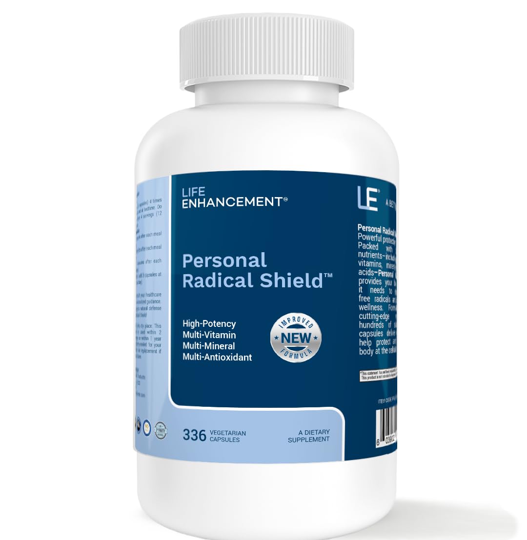 Life Enhancement Radical Shield bottle and label showing 28 nutrients for daily support