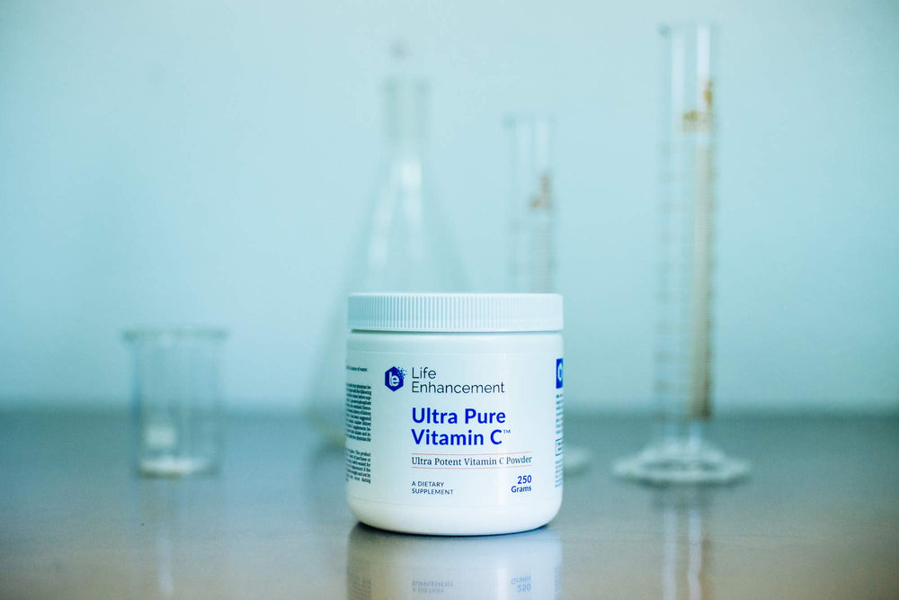 Packaging box of Life Enhancement Ultra Pure Vitamin C Powder with servings