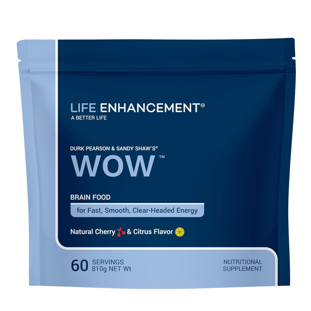 Life Enhancement Wow Drink Powder bottle shows cherry citrus flavor for a quick energy lift.