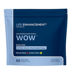 Life Enhancement Wow Drink Powder bottle shows cherry citrus flavor for a quick energy lift.