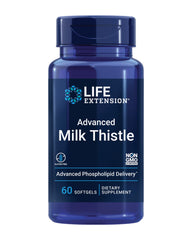 Life Extension Advanced Milk Thistle bottle shows 60 softgels for potential liver support