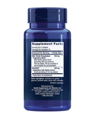 Close-up of Life Extension Advanced Milk Thistle softgels highlighting easy swallowing and potency