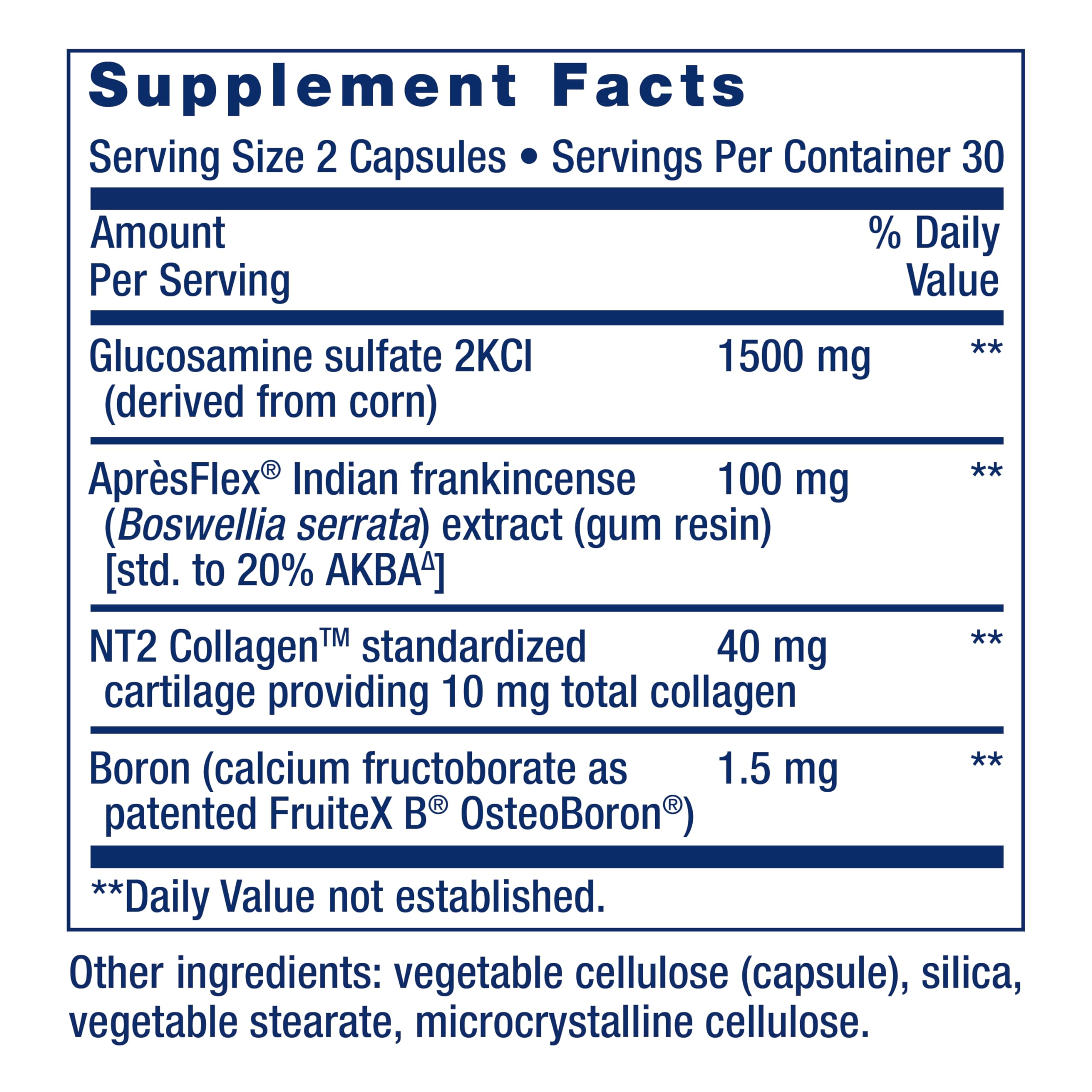 Life Extension ArthroMax Advanced NT2 Collagen bottle back label highlights Boswellia and glucosamine.
