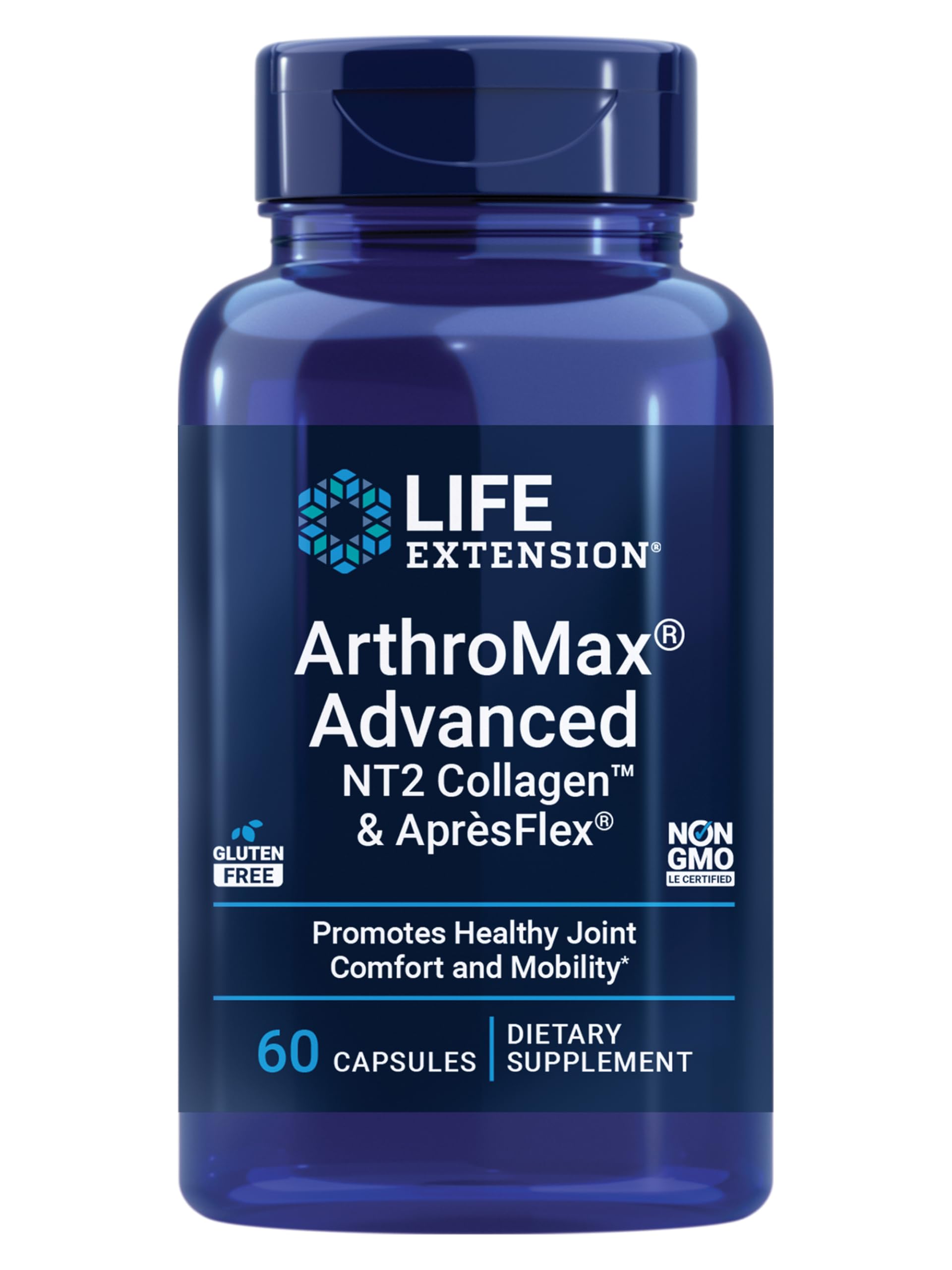 Life Extension ArthroMax Advanced NT2 Collagen bottle front view supports potential joint comfort.