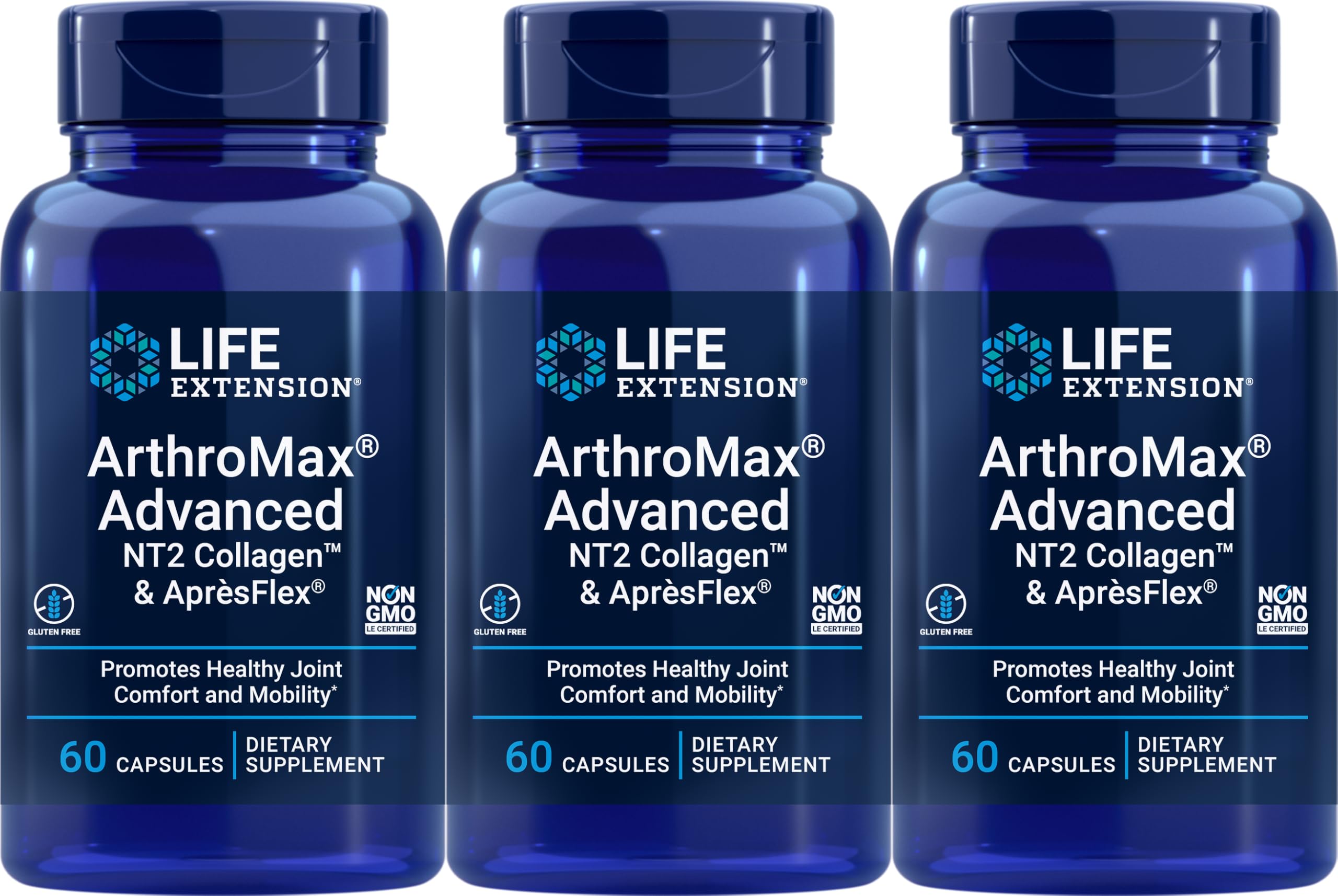 Life Extension ArthroMax bottle with NT2 Collagen and ApresFlex highlighting joint support.