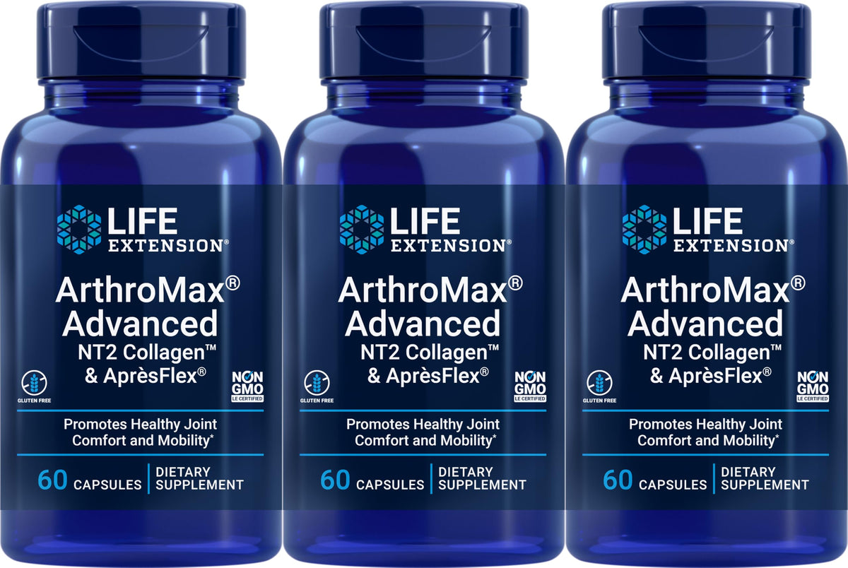 Life Extension ArthroMax bottle with NT2 Collagen and ApresFlex highlighting joint support.