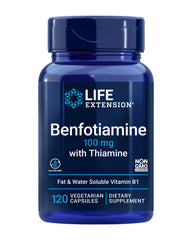 Life Extension Benfotiamine bottle and label support healthy glucose metabolism.