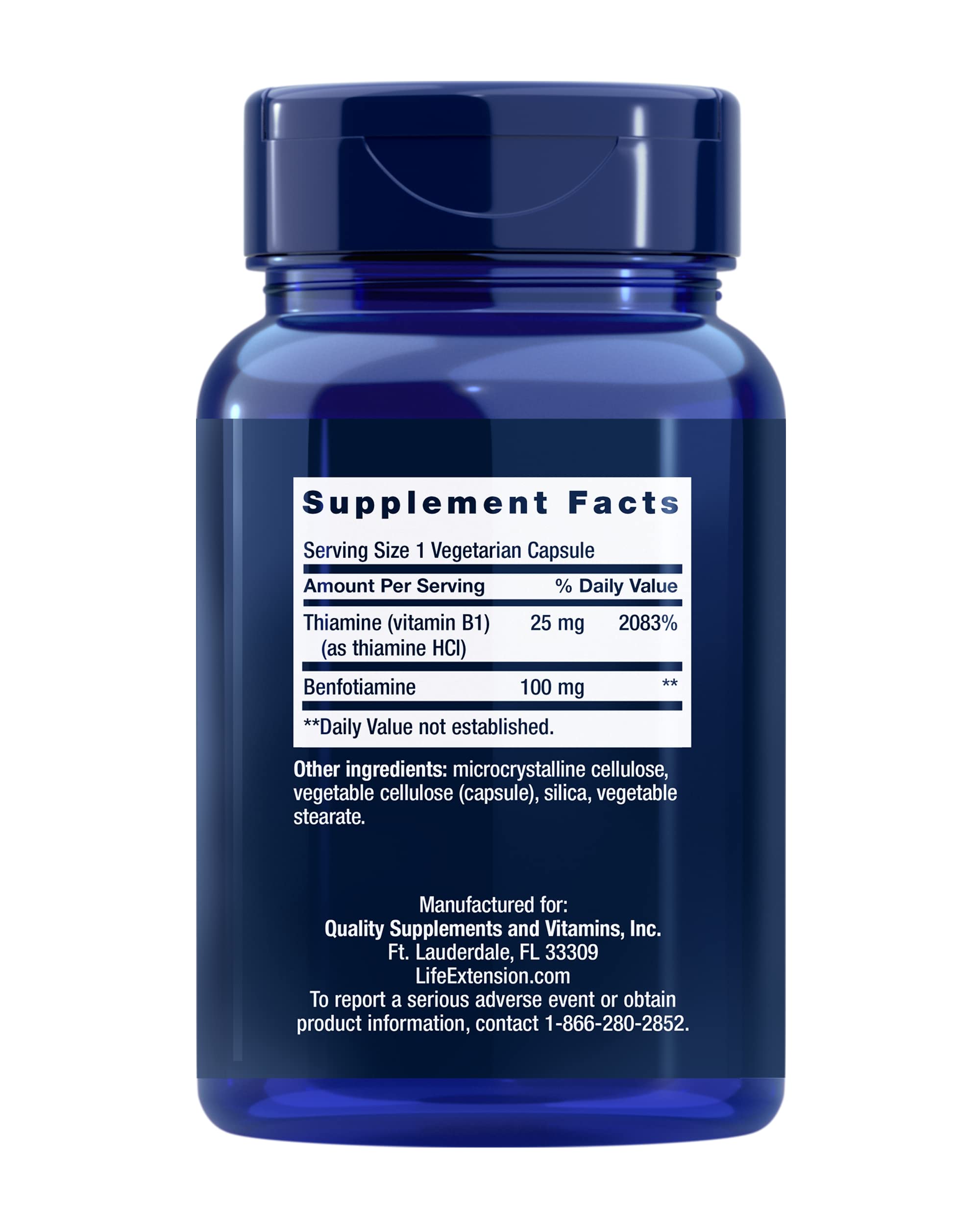 Life Extension Benfotiamine capsules in a bottle offer daily brain and heart support.