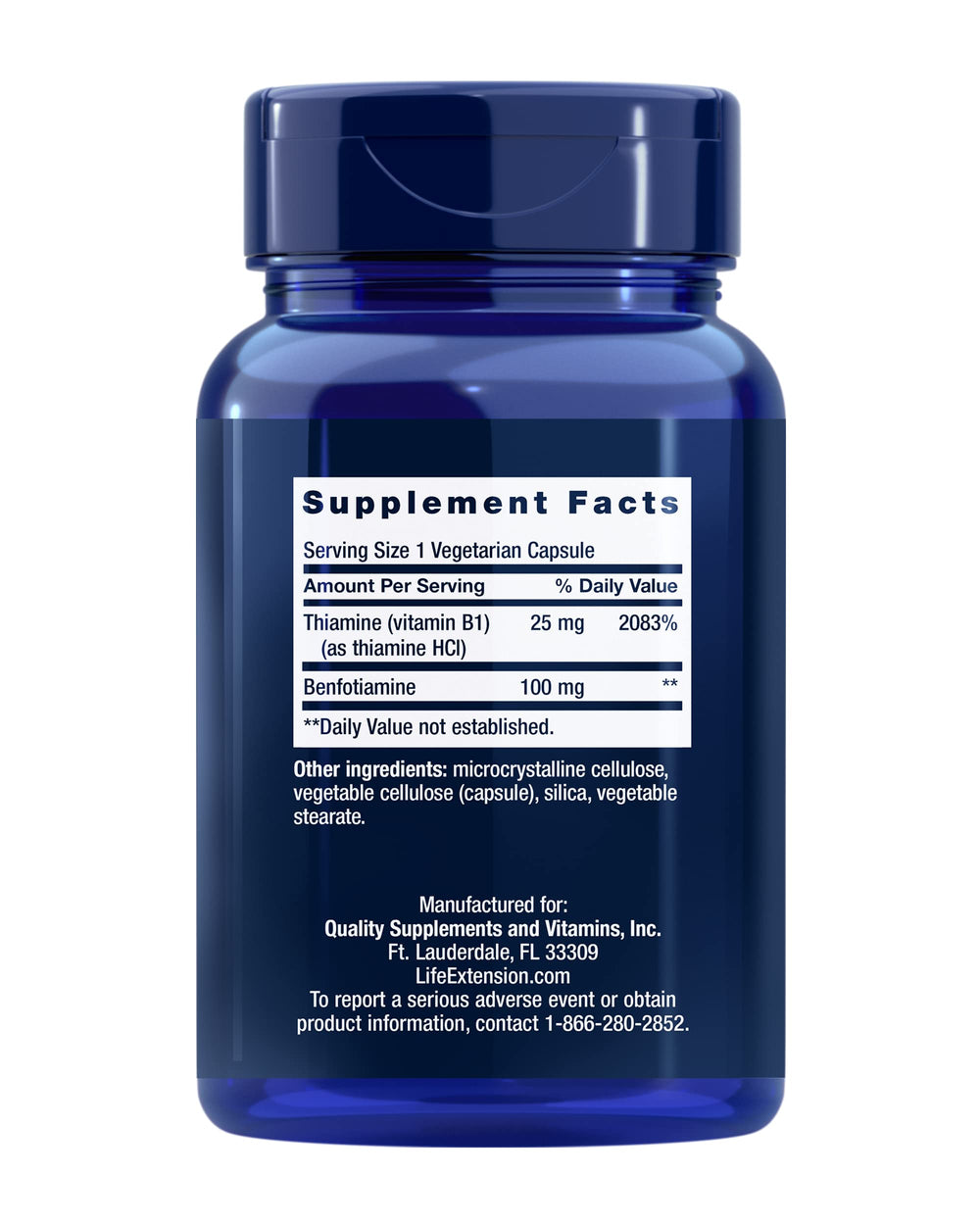 Life Extension Benfotiamine capsules in a bottle offer daily brain and heart support.