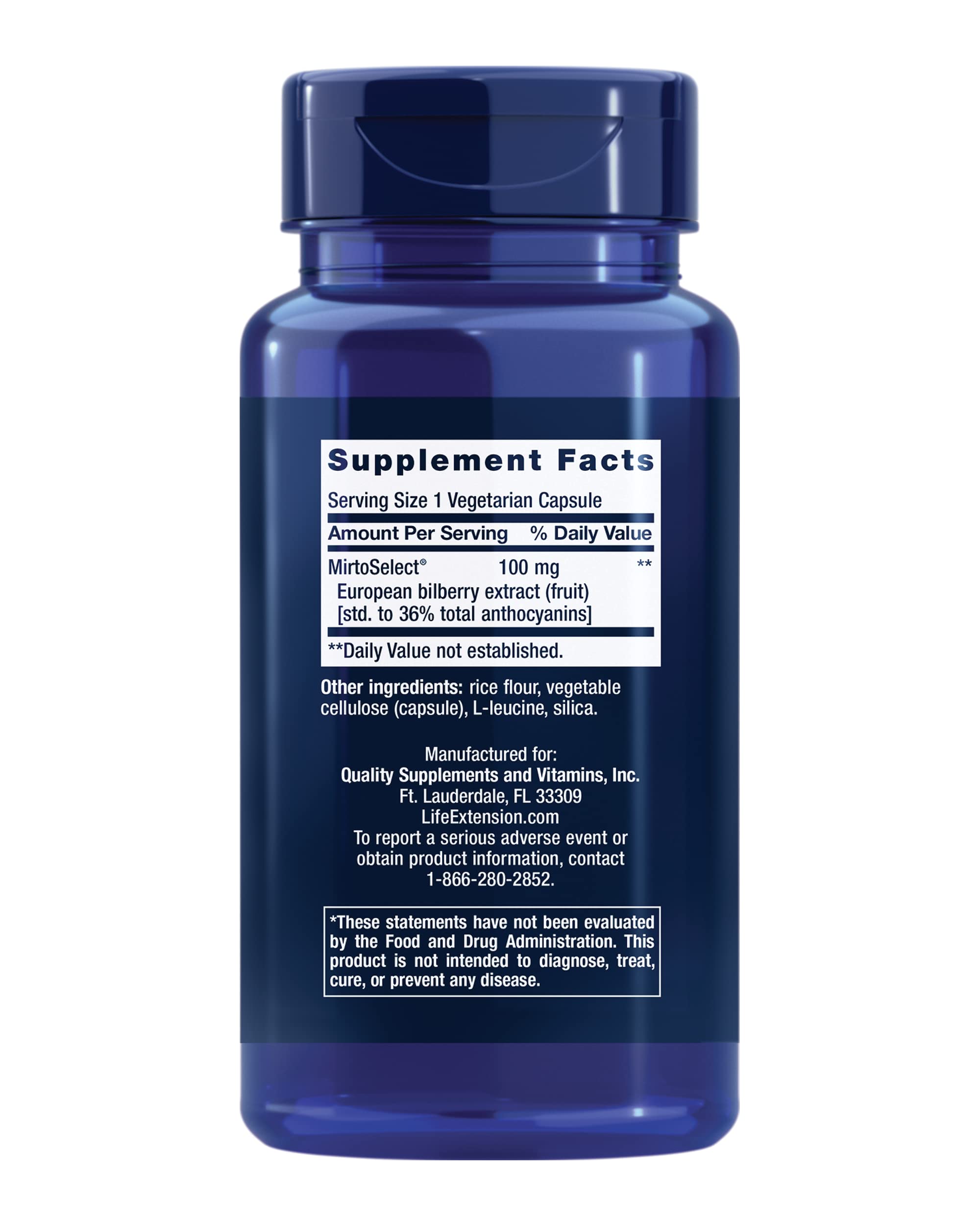 Life Extension Bilberry European Extract bottle closeup showing 90-count capsules